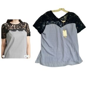 Preloved NEW Lace Striped Crew Top Slits Blouse Boho Nautical Lightweight Tee XL